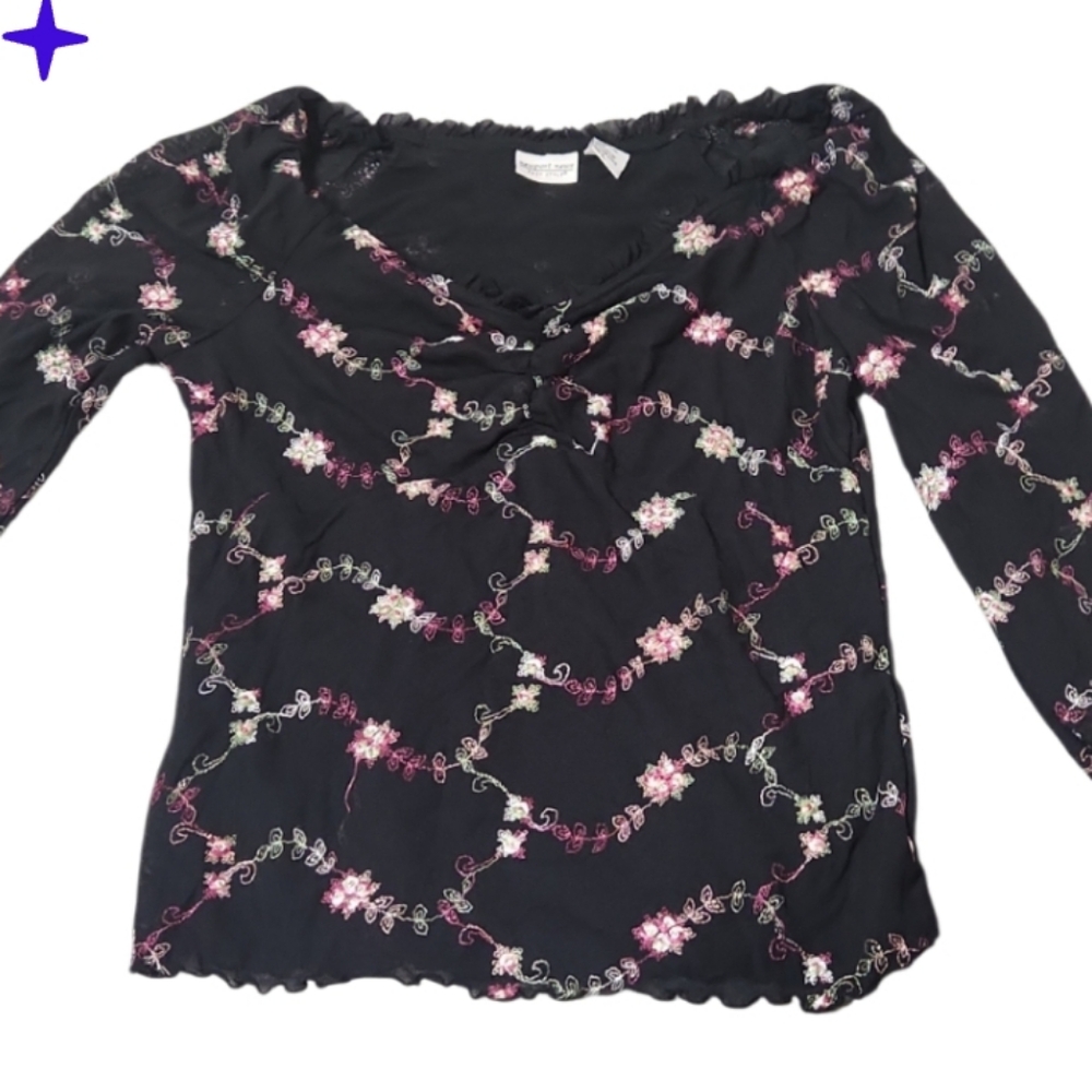 Vintage 90s Newport New Embroidered Sheer Lined Top Lg